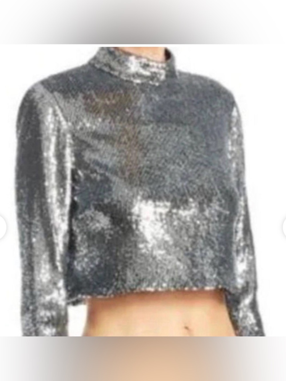A.L.C. Silver Sequin Long-Sleeve Cropped Top